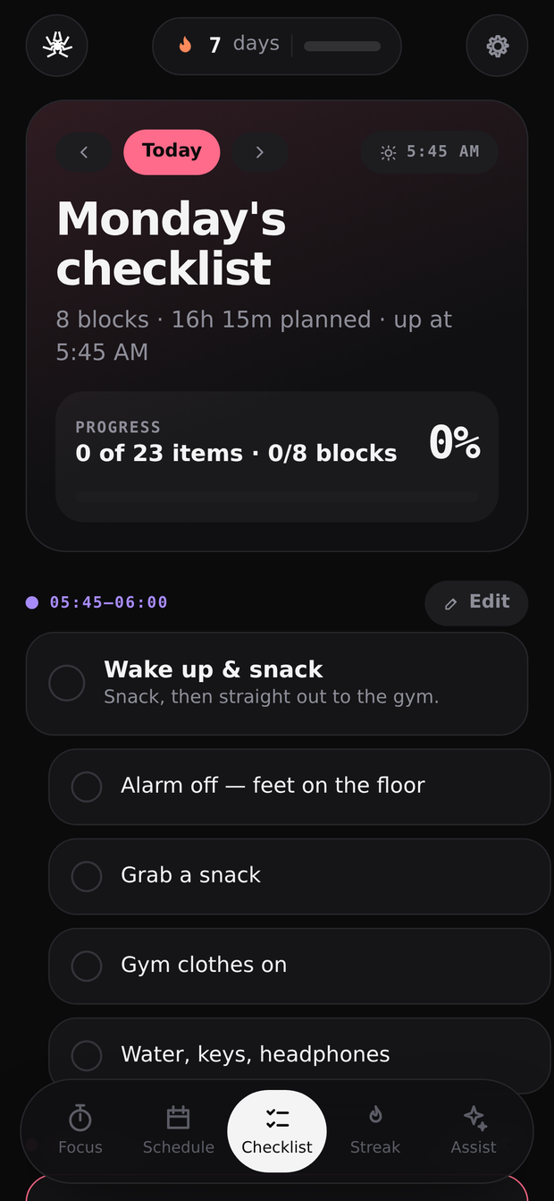 Day checklist screen