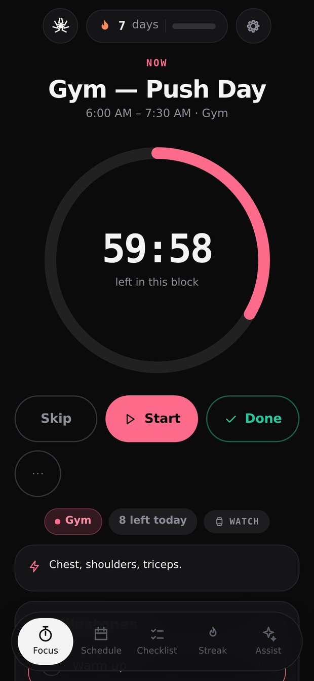 FLX Time focus screen showing a circular countdown for the current block