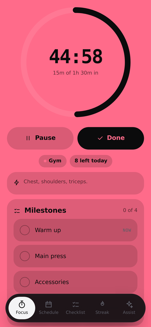 FLX Time during an active focus session, screen filled with the category colour