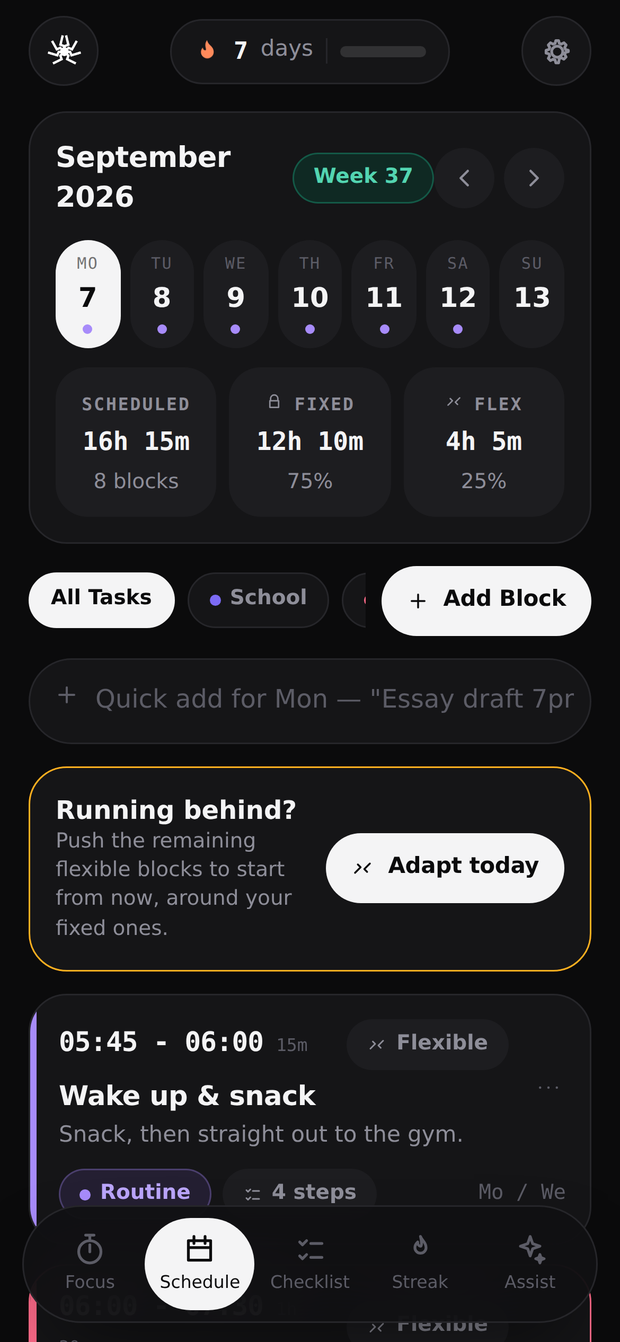 Weekly schedule screen